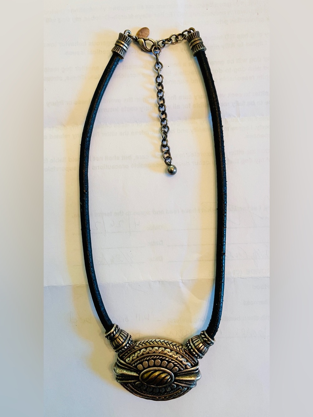 Chico's gold & silver medallion black leather choker necklace. V good condition